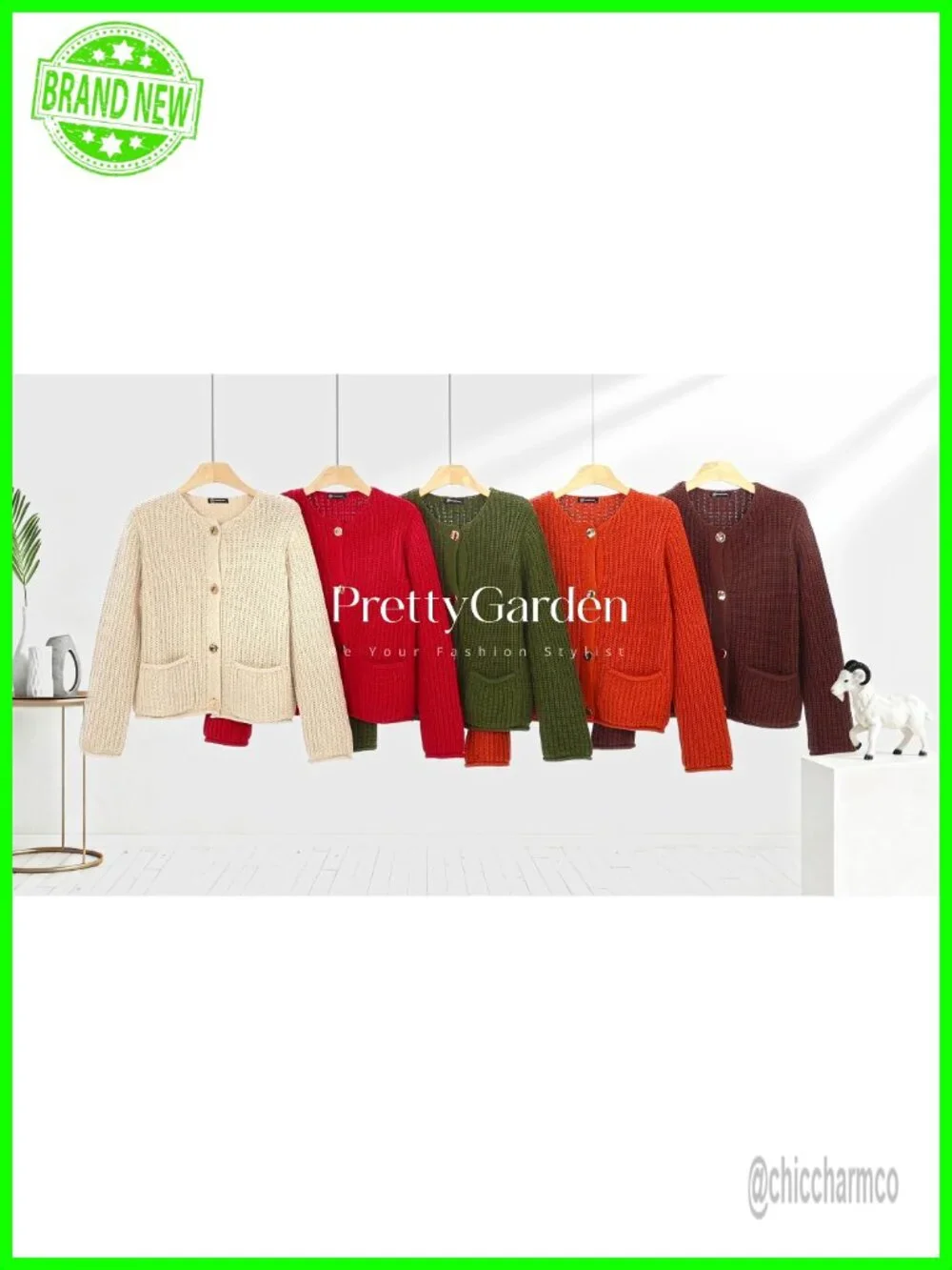 Oversized Chunky Knit Cardigan with Pockets Long Sleeve Crewneck Button Front